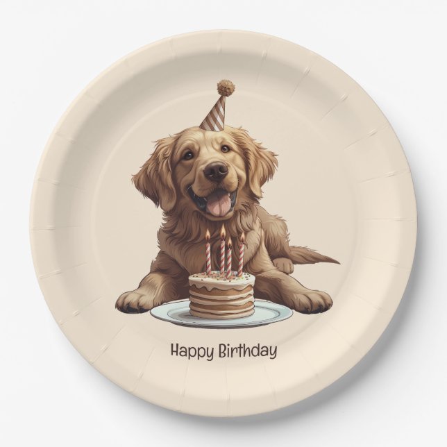 Happy Birthday Golden Retriever Dog Paper Plate (Front)