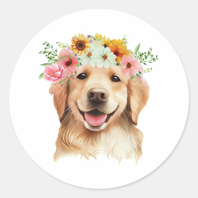 Happy Birthday Golden Retriever Dog with Flowers  Classic Round Sticker (Front)