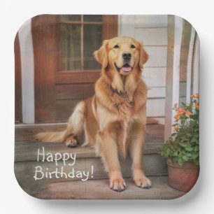 Happy Birthday Golden Retriever Paper Plate