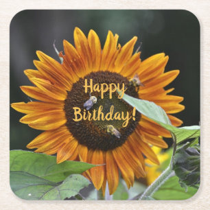 Happy Birthday Golden Sunflower Square Paper Coaster