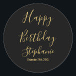 Happy Birthday Golden Yellow Black Custom Name Classic Round Sticker<br><div class="desc">Designed with golden yellow text template for "Happy Birthday" message,  name and day which you may edit to customize and also custom colour background!</div>