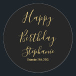 Happy Birthday Golden Yellow Black Custom Name Classic Round Sticker<br><div class="desc">Designed with golden yellow text template for "Happy Birthday" message,  name and day which you may edit to customize and also custom colour background!</div>