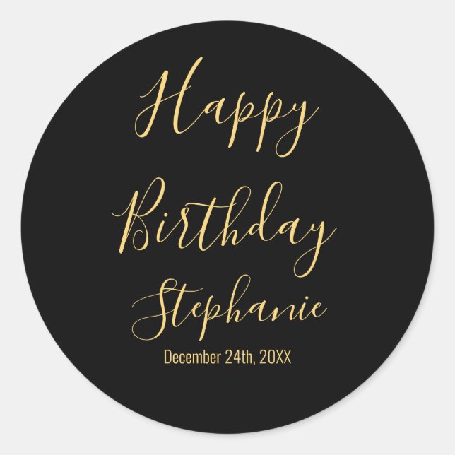 Happy Birthday Golden Yellow Black Custom Name Classic Round Sticker (Front)