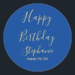 Happy Birthday Golden Yellow Blue Custom Name Classic Round Sticker<br><div class="desc">Designed with golden yellow text template for "Happy Birthday" message,  name and day which you may edit to customize and also custom colour background!</div>