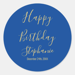 Happy Birthday Golden Yellow Blue Custom Name Classic Round Sticker