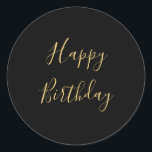 Happy Birthday Golden Yellow Custom Text Black Classic Round Sticker<br><div class="desc">Designed with golden yellow text template for "Happy Birthday" message which you may edit to customize and also custom colour background!</div>