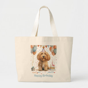 Happy Birthday Goldendoodle Dog Large Tote Bag