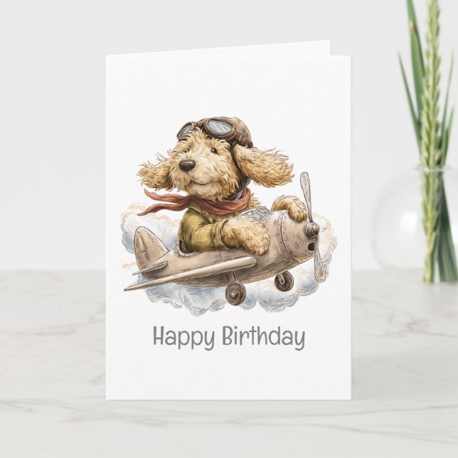 Happy Birthday Goldendoodle Dog Pilot Airplane Card (Front)