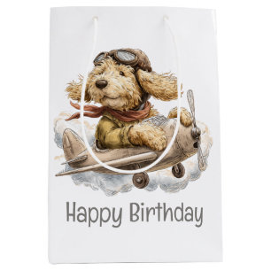Happy Birthday Goldendoodle Dog Pilot Airplane Medium Gift Bag