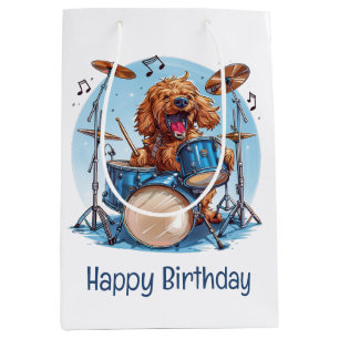 Happy Birthday Goldendoodle Dog Playing Drums Medium Gift Bag