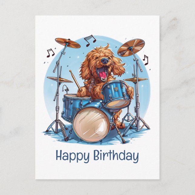 Happy Birthday Goldendoodle Dog Playing Drums Postcard (Front)