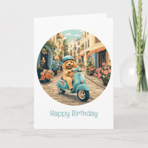 Happy Birthday Goldendoodle Dog Riding Scooter Card