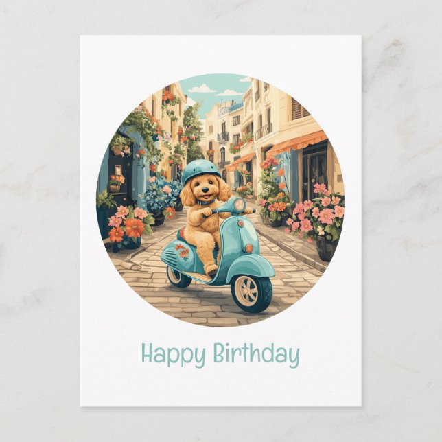 Happy Birthday Goldendoodle Dog Riding Scooter Postcard (Front)