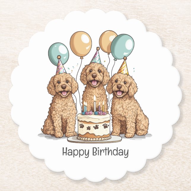 Happy Birthday Goldendoodle Dogs Paper Coaster (Front)