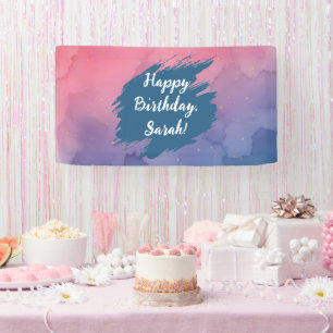 Happy Birthday Gradient Pink Watercolor Banner