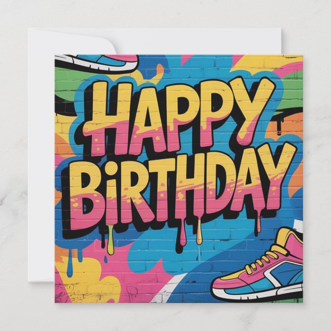 Happy Birthday Graffiti Wall with Sneakers Holiday Card (Front)