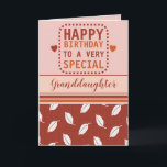 Happy birthday granddaughter leaf pattern orange card<br><div class="desc">Personalize this Birthday greeting Card for your granddaughter,  or change to suit.
Happy birthday to a very special granddaughter.
Designed in burnt orange,  orange and pink with a leaf pattern and love hearts.</div>