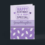 Happy birthday granddaughter leaf pattern purple card<br><div class="desc">Personalize this Birthday greeting Card for your granddaughter,  or change to suit.
Happy birthday to a very special granddaughter.
Designed in purple and lilac with a leaf pattern and love hearts.</div>