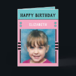 Happy Birthday Granddaughter name photo pink Card<br><div class="desc">Greeting card for your Granddaughter.
Add two photos,  name and message.
Designed in pink,  blue,  black,  with stripes and dots.
Best kid ever.</div>