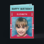 Happy Birthday Granddaughter name photo red Card<br><div class="desc">Greeting card for your Granddaughter.
Add two photos,  name and message.
Designed in red,  turquoise,  black,  with stripes and dots.
Best kid ever.</div>