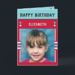 Happy Birthday Granddaughter name photo red Card<br><div class="desc">Greeting card for your Granddaughter.
Add two photos,  name and message.
Designed in red,  turquoise,  black,  with stripes and dots.
Best kid ever.</div>