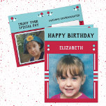 Happy Birthday Granddaughter name photo red Card<br><div class="desc">Greeting card for your Granddaughter.
Add two photos,  name and message.
Designed in red,  turquoise,  black,  with stripes and dots.
Best kid ever.</div>