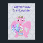 Happy Birthday Granddaughter, Pink Baby Dragon Holiday Postcard<br><div class="desc">This birthday postcard for a young granddaughter has my drawing of a cute pink young dragon with wings. I have added a tiara on it's head. The sweet pink dragon holds a cake with candles and a bunch of balloons. You can change the text on the front to make this...</div>