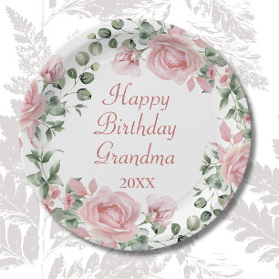 Happy Birthday Grandma Pink Floral Party  Paper Plate
