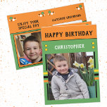 Happy Birthday Grandson best day photo name green Card<br><div class="desc">Greeting card for your Grandson.
Add two photos,  name and message.
Designed in green,  orange,  yellow,  with stripes and dots.
Best kid ever.</div>