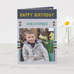 Happy Birthday Grandson best day photo name grey Card<br><div class="desc">Greeting card for your Grandson.
Add two photos,  name and message.
Designed in green,  yellow,  grey,  with stripes and dots.
Best kid ever.</div>