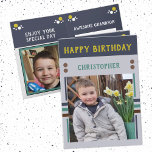 Happy Birthday Grandson best day photo name grey Card<br><div class="desc">Grandson birthday card.
Add two photos,  name and message.
Designed in green,  yellow,  grey,  with stripes and dots.
Best kid ever.</div>