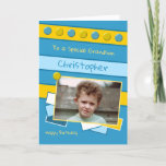 Happy Birthday Grandson blue and yellow photo Card<br><div class="desc">Personalize this Birthday Card for your Grandson
Designed in blue and yellow
Add his name 
Happy Birthday
To a special Grandson
Have a great day</div>