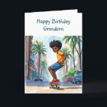 Happy Birthday Grandson |  Boy on Bike in City Card<br><div class="desc">Cute personalized birthday card for a grandson. African-American boy riding his bike down the city streets.</div>