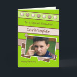 Happy Birthday Grandson green and brown photo Card<br><div class="desc">Personalize this Birthday Card for your Grandson
Designed in lime green and brown
Add his name 
Happy Birthday
To a special Grandson
Have a great day</div>