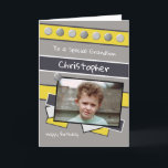 Happy Birthday Grandson grey and yellow photo Card<br><div class="desc">Personalize this Birthday Card for your Grandson
Designed in grey,  yellow and black
Add his name 
Happy Birthday
To a special Grandson
Have a great day</div>