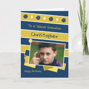Happy Birthday Grandson navy and gold photo Card