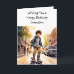 Happy Birthday Grandson | Skateboarder Card<br><div class="desc">Cute personalized birthday card for a boy. Boy skateboarding down the road. Cute for a pre-teen or a teen.</div>