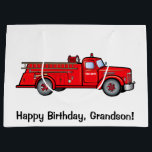 Happy Birthday Grandson with Classic Fire Engine Large Gift Bag<br><div class="desc">This design features a classic fire engine. For matching items type "penguincornerstore engine" into the Zazzle search bar.</div>