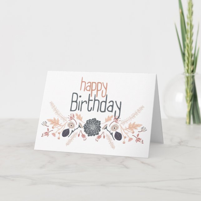 Happy Birthday Gray Blue Peach Floral Design Card (Front)
