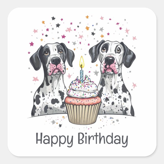 Happy Birthday Great Dane Dogs Cupcake Square Sticker (Front)