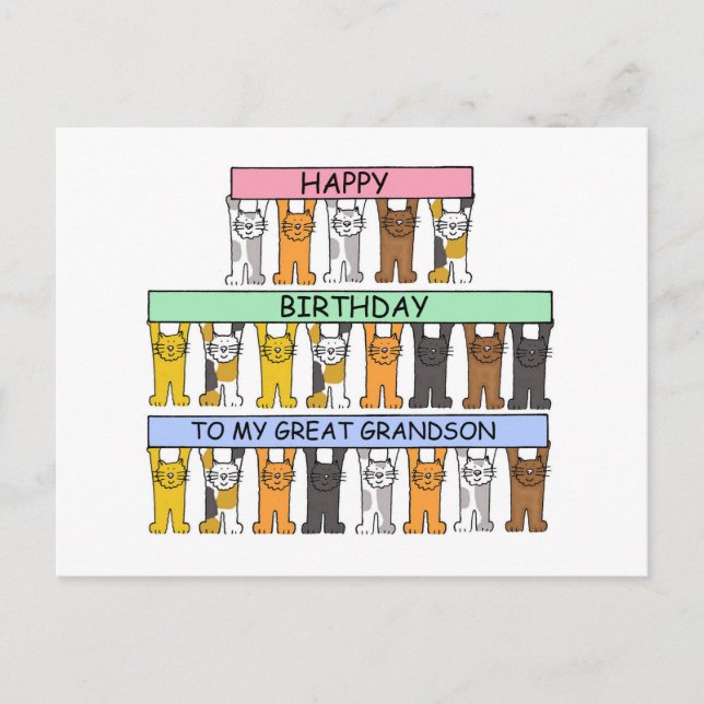 Happy Birthday Great Grandson Cartoon Cats Postcard (Front)