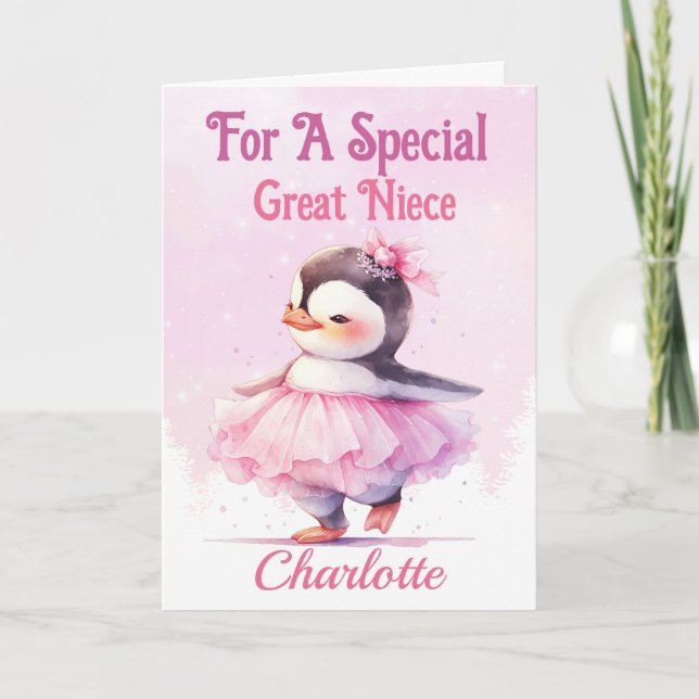 Happy Birthday Great Niece Penguin Pink Ballerina Card (Front)