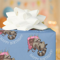 Happy Birthday! Greedy Cake Eater Cartoon Raccoon