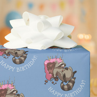 Happy Birthday! Greedy Cake Eater Cartoon Raccoon Wrapping Paper