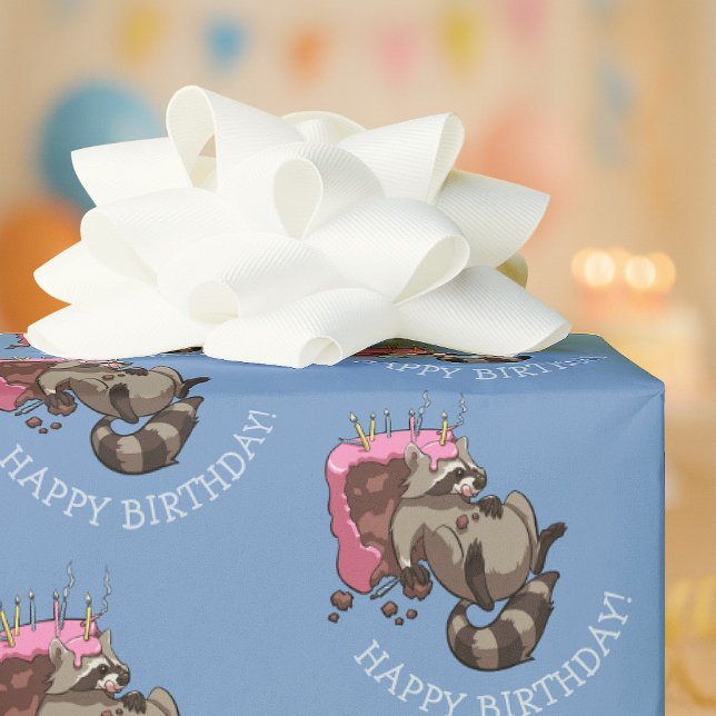 Happy Birthday! Greedy Cake Eater Cartoon Raccoon  Wrapping Paper (Creator Uploaded)