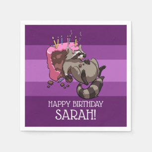 Happy Birthday Greedy Raccoon Cake Cartoon Napkin