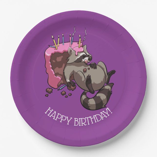 Happy Birthday Greedy Raccoon Cake Cartoon Paper Plate (Front)