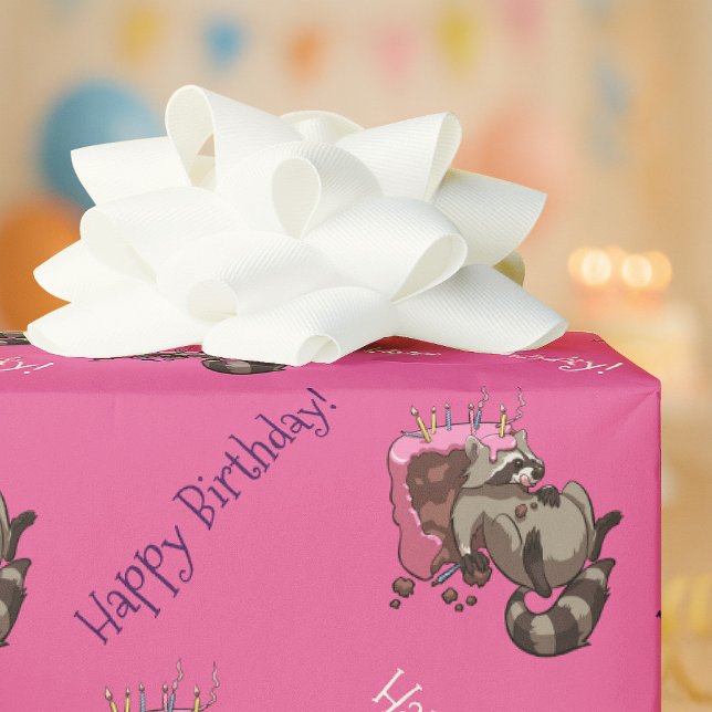 Happy Birthday! Greedy Raccoon Cake Cartoon Wrapping Paper (Creator Uploaded)