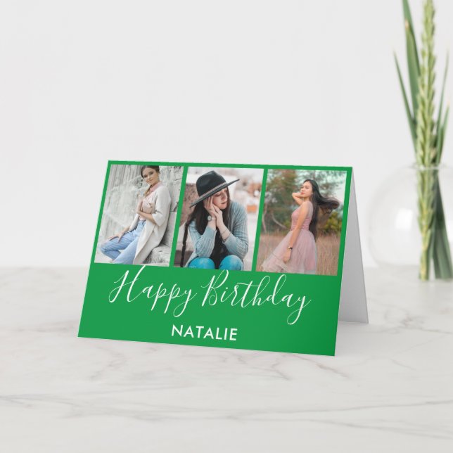 Happy Birthday Green and White 3 Photo Collage Card (Front)