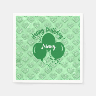 Happy Birthday Green Hearts Balloons Personalized Napkin